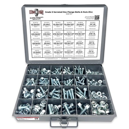 Boltsandnuts.Com Inch Grade 5 Serrated Hex Flange Bolts & Lock Nuts Assortment - 348 PCS Assortment Kit #101